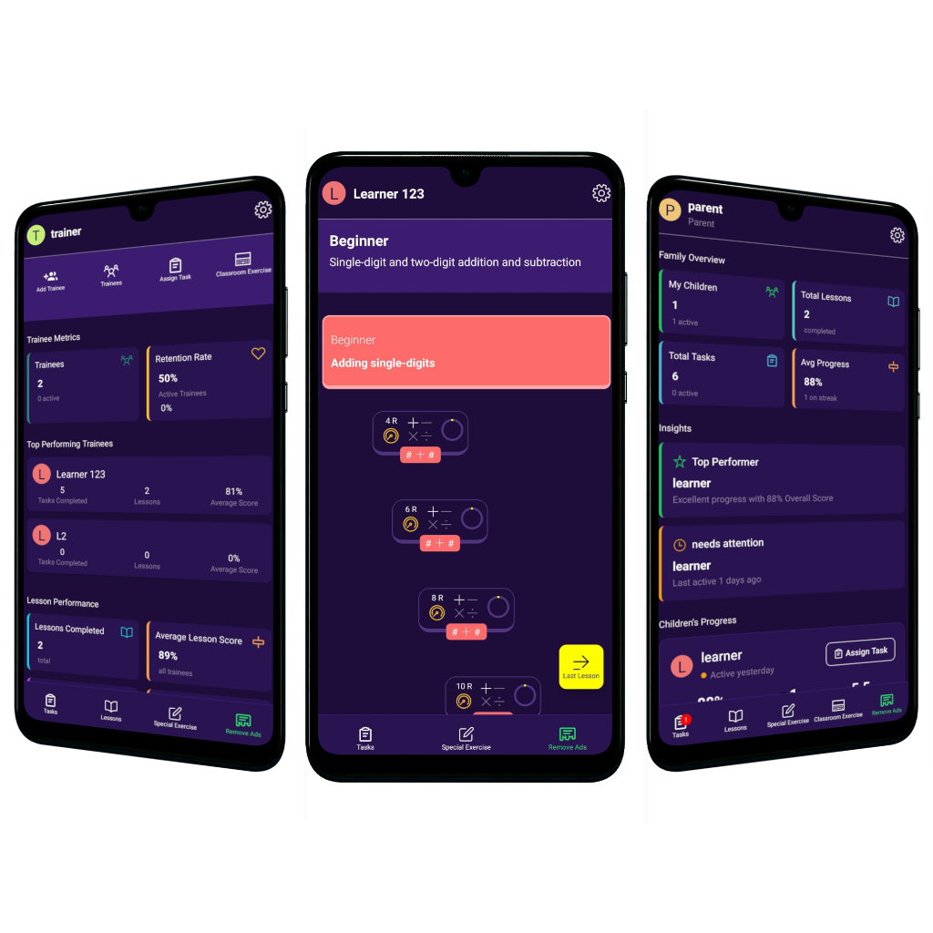Matheroo App - Trainer, Learner, and Parent views